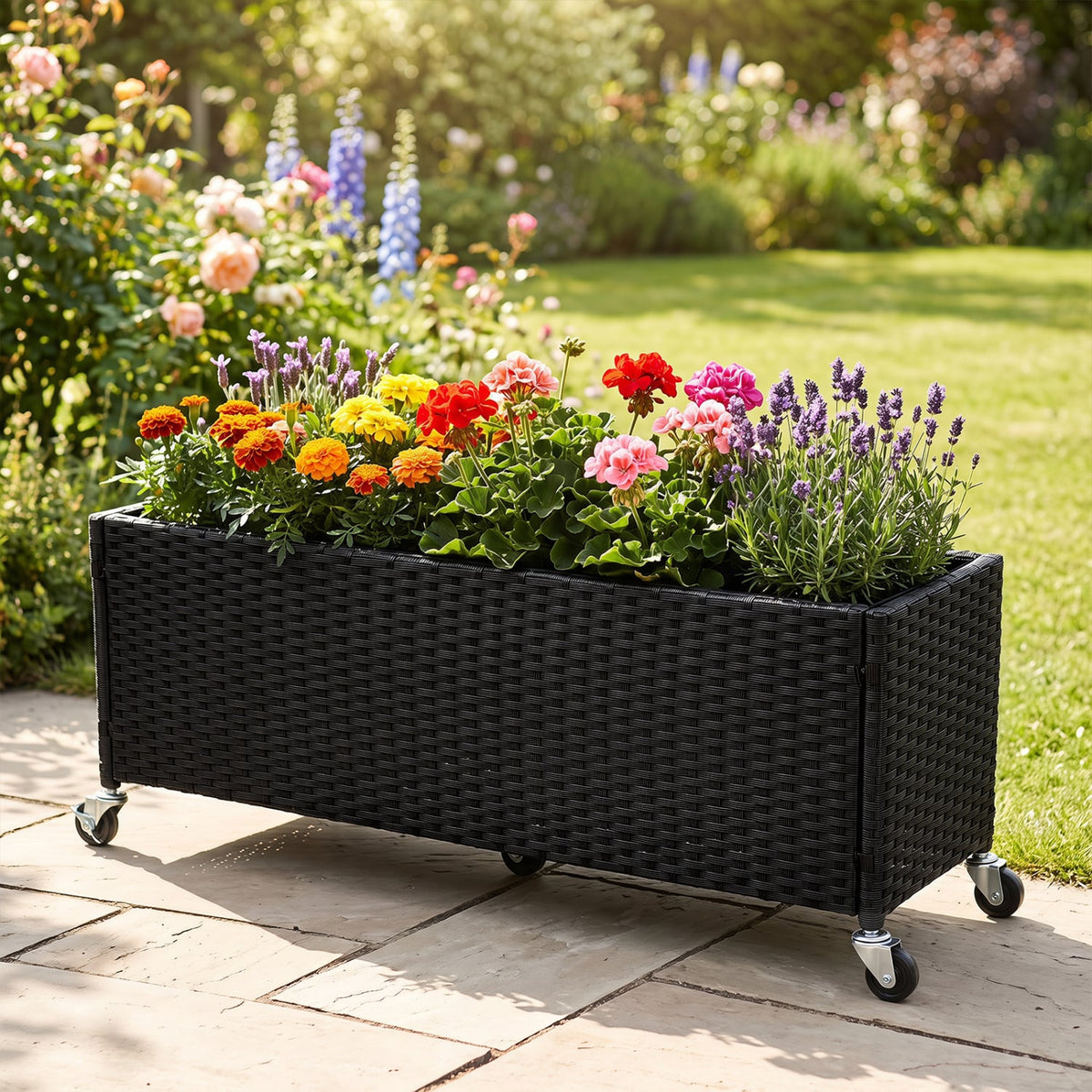 Raised Garden Bed PE Rattan Wicker Patio Planter Box with Liner and Wheels-Raised Garden Beds-DECOROLALA