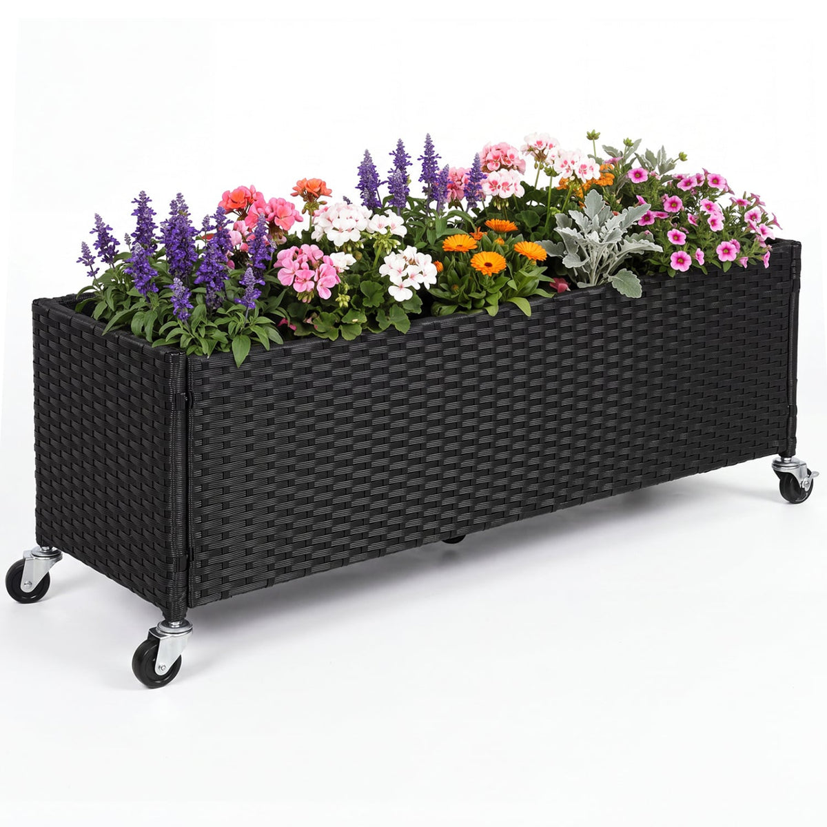 Raised Garden Bed PE Rattan Wicker Patio Planter Box with Liner and Wheels-Raised Garden Beds-DECOROLALA