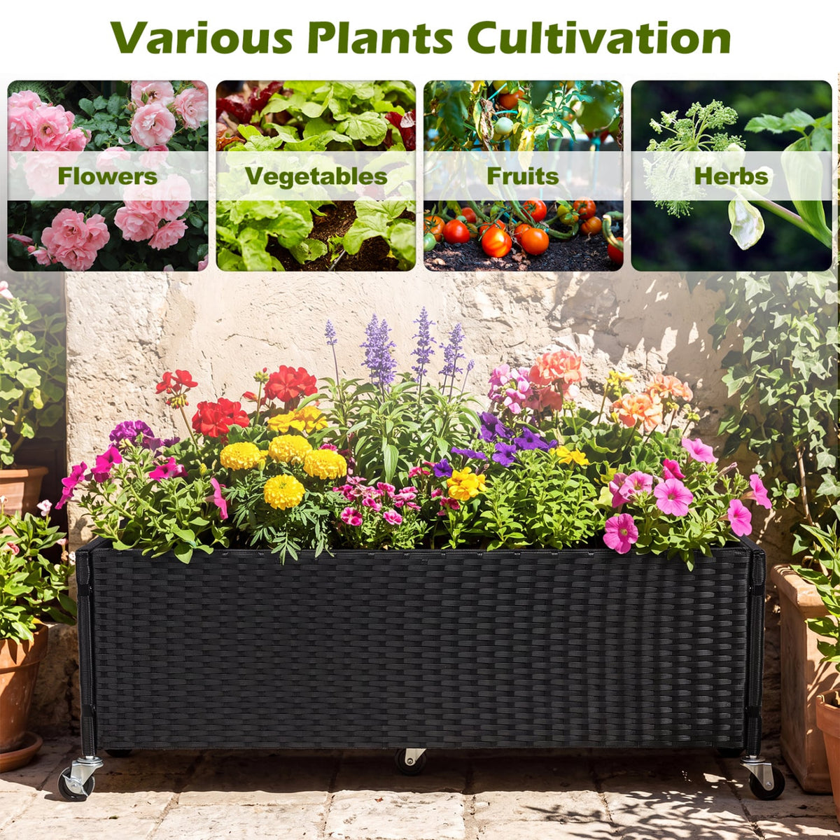 Raised Garden Bed PE Rattan Wicker Patio Planter Box with Liner and Wheels-Raised Garden Beds-DECOROLALA
