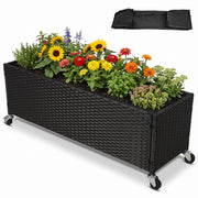 Raised Garden Bed PE Rattan Wicker Patio Planter Box with Liner and Wheels-Raised Garden Beds-DECOROLALA