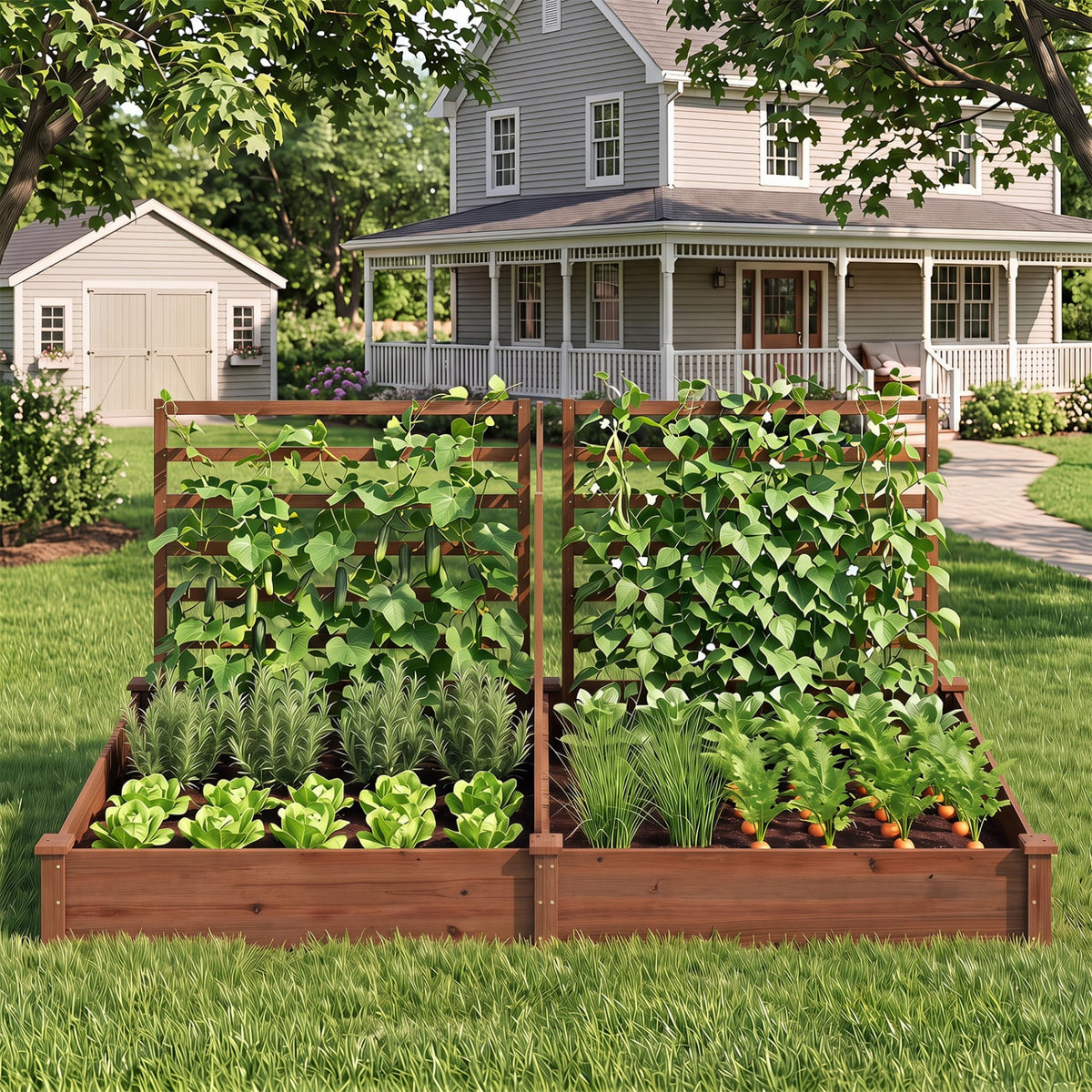 Raised Garden Bed with 2 Planter Boxes and 3 Trellis-Brown-Raised Garden Beds-DECOROLALA