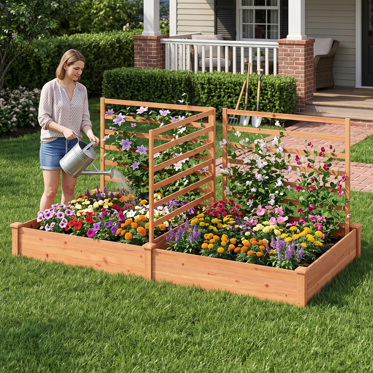 Raised Garden Bed with 2 Planter Boxes and 3 Trellis-Oak-Raised Garden Beds-DECOROLALA