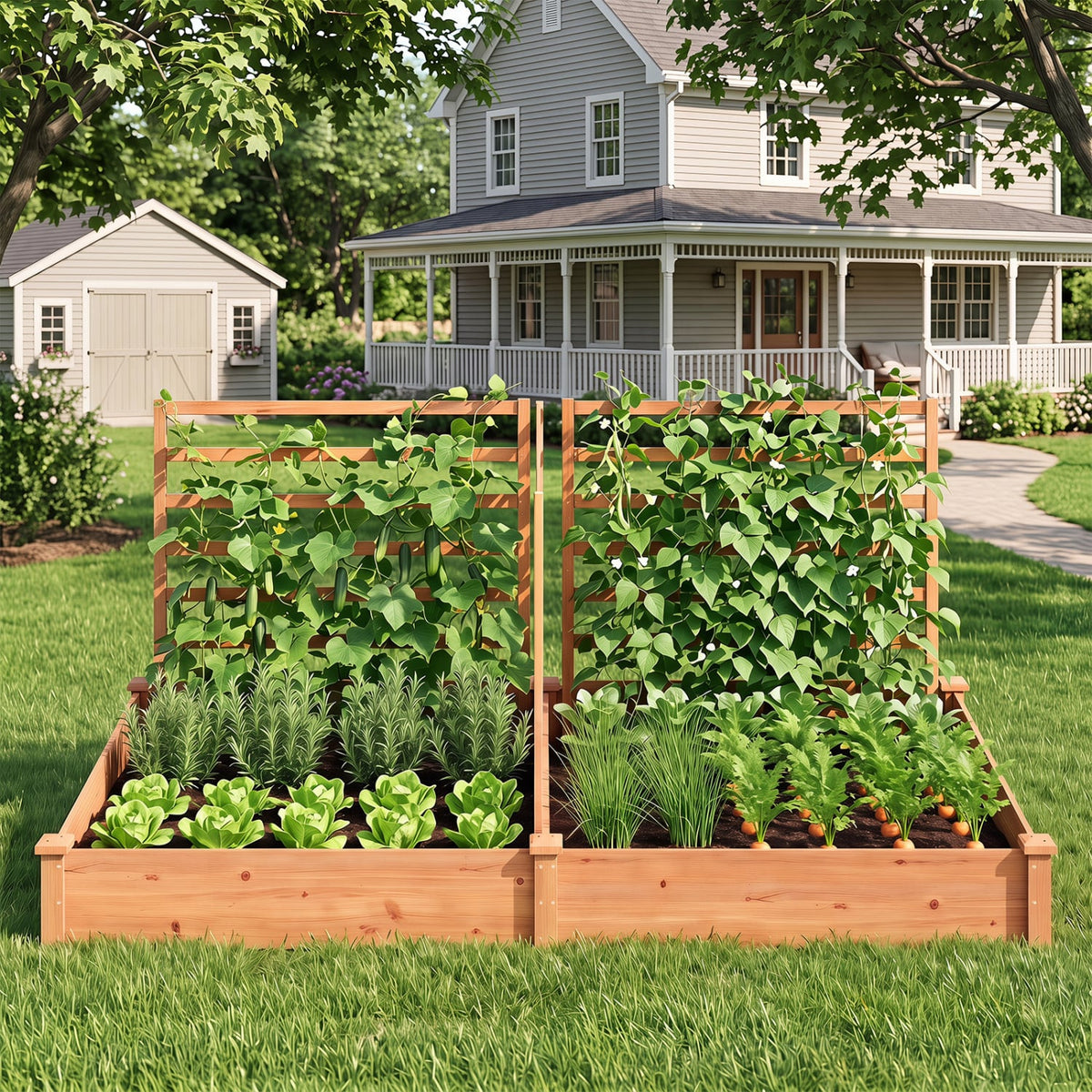 Raised Garden Bed with 2 Planter Boxes and 3 Trellis-Oak-Raised Garden Beds-DECOROLALA