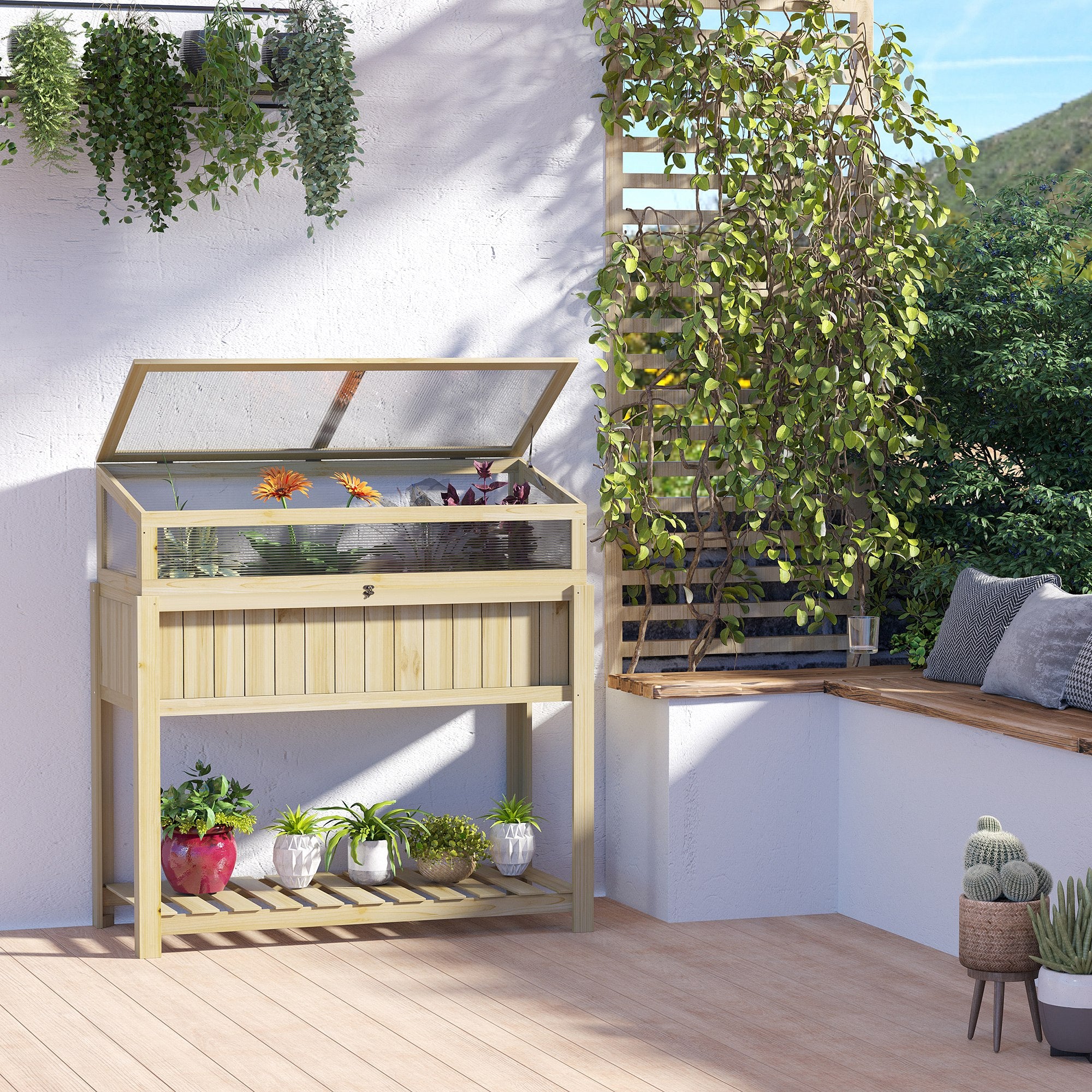 Raised Garden Bed with Cold Frame Greenhouse - Natural Wood-DECOROLALA