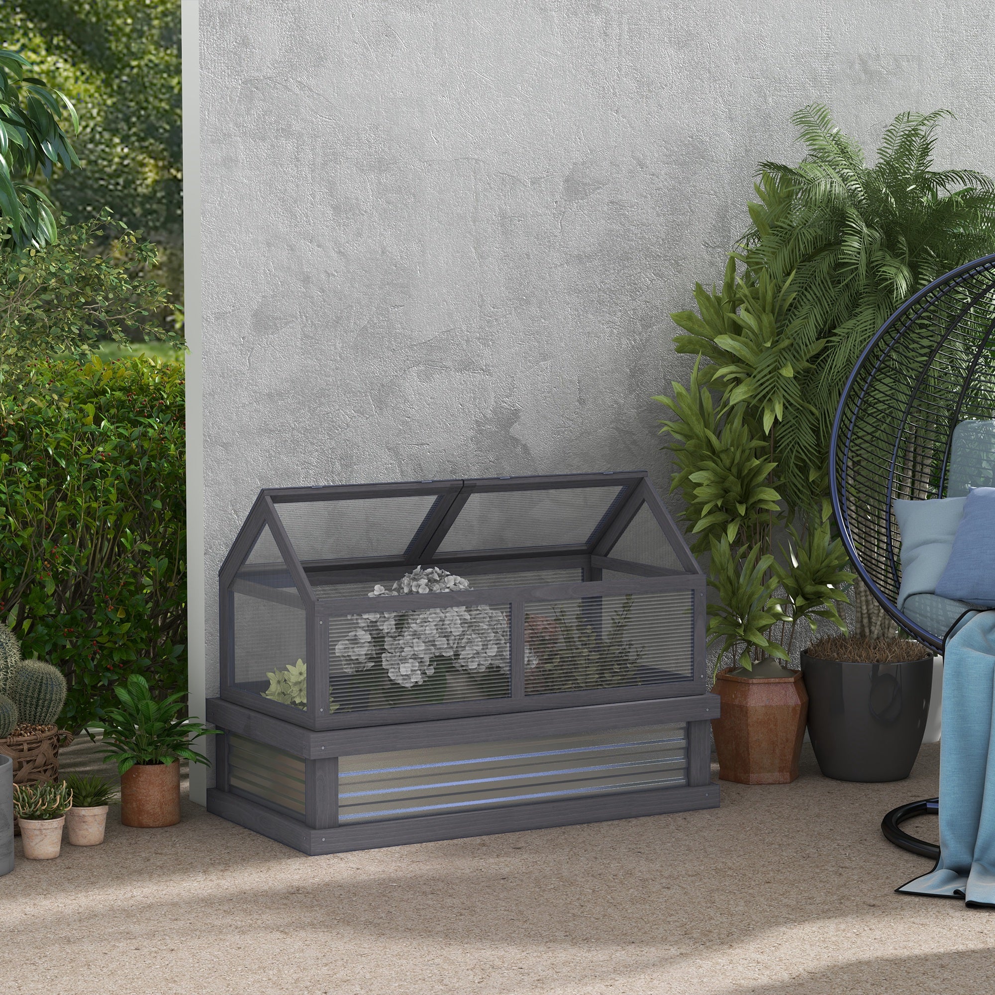 Raised Garden Bed with Greenhouse - Grey Wood 48" x 24"-DECOROLALA