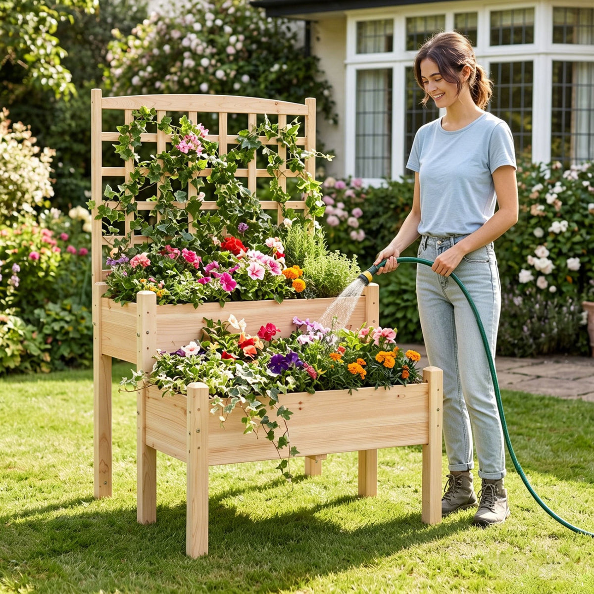 Raised Garden Bed with Trellis 2-Tier for Outdoor Climbing Plants-Natural-Raised Garden Beds-DECOROLALA