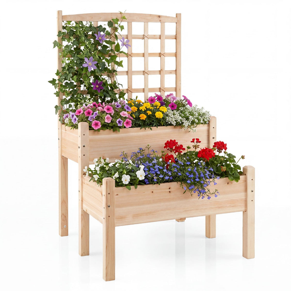 Raised Garden Bed with Trellis 2-Tier for Outdoor Climbing Plants-Natural-Raised Garden Beds-DECOROLALA