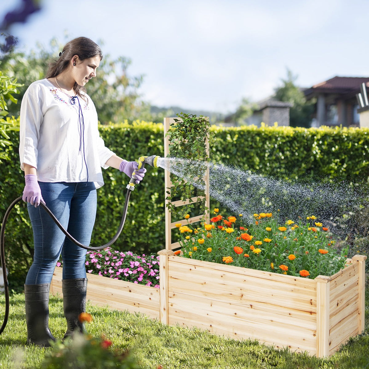 Raised Garden Bed with Trellis-Natural-Raised Garden Beds-DECOROLALA