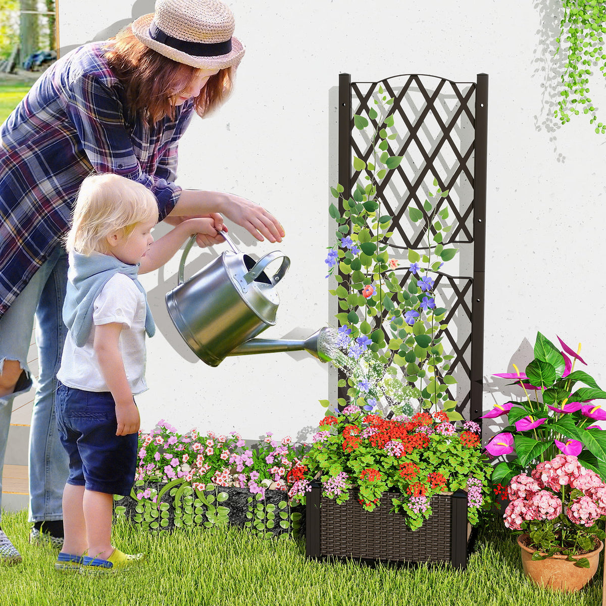 Raised Garden Bed with Trellis Planter Box for Climbing Plants-Coffee-Raised Garden Beds-DECOROLALA