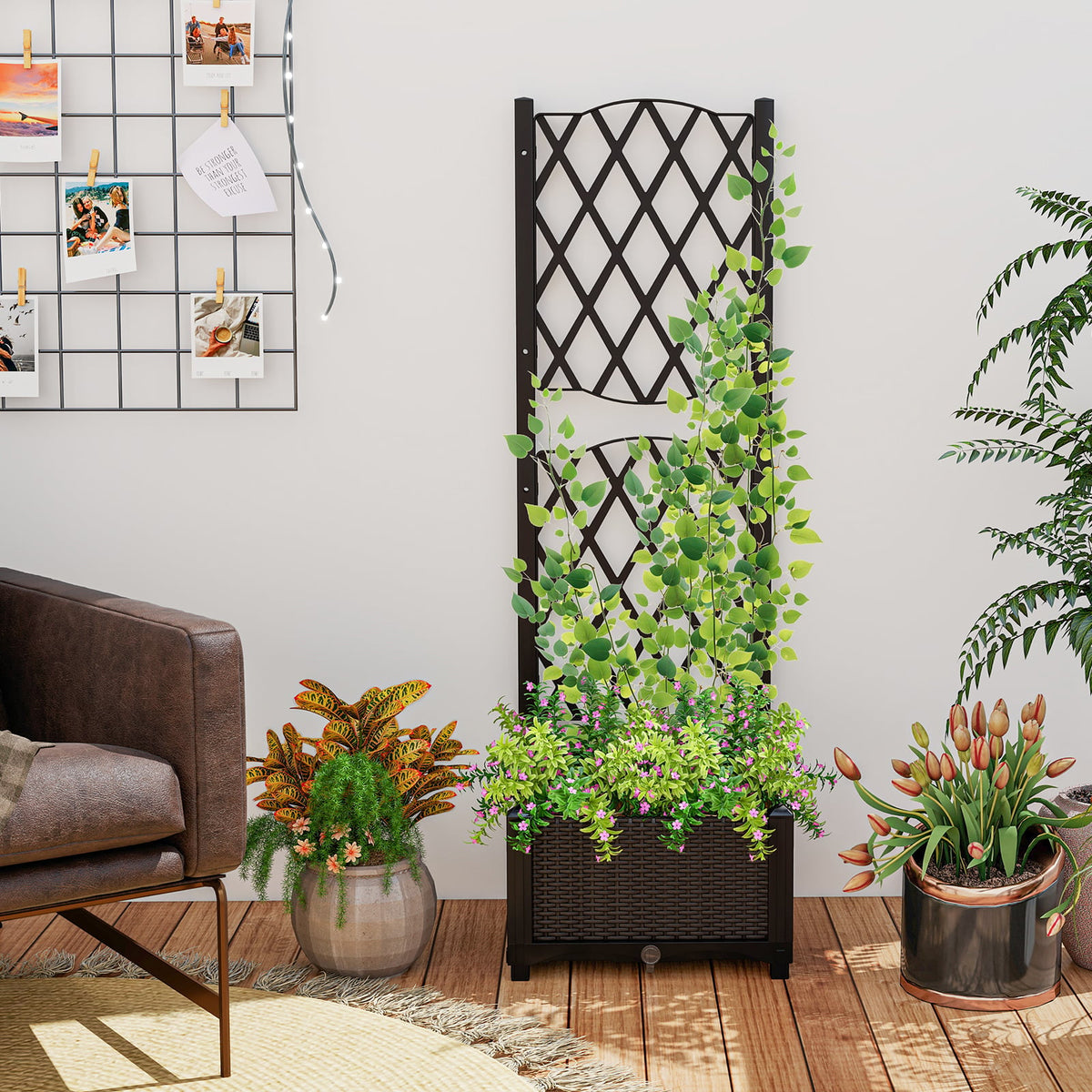 Raised Garden Bed with Trellis Planter Box for Climbing Plants-Coffee-Raised Garden Beds-DECOROLALA