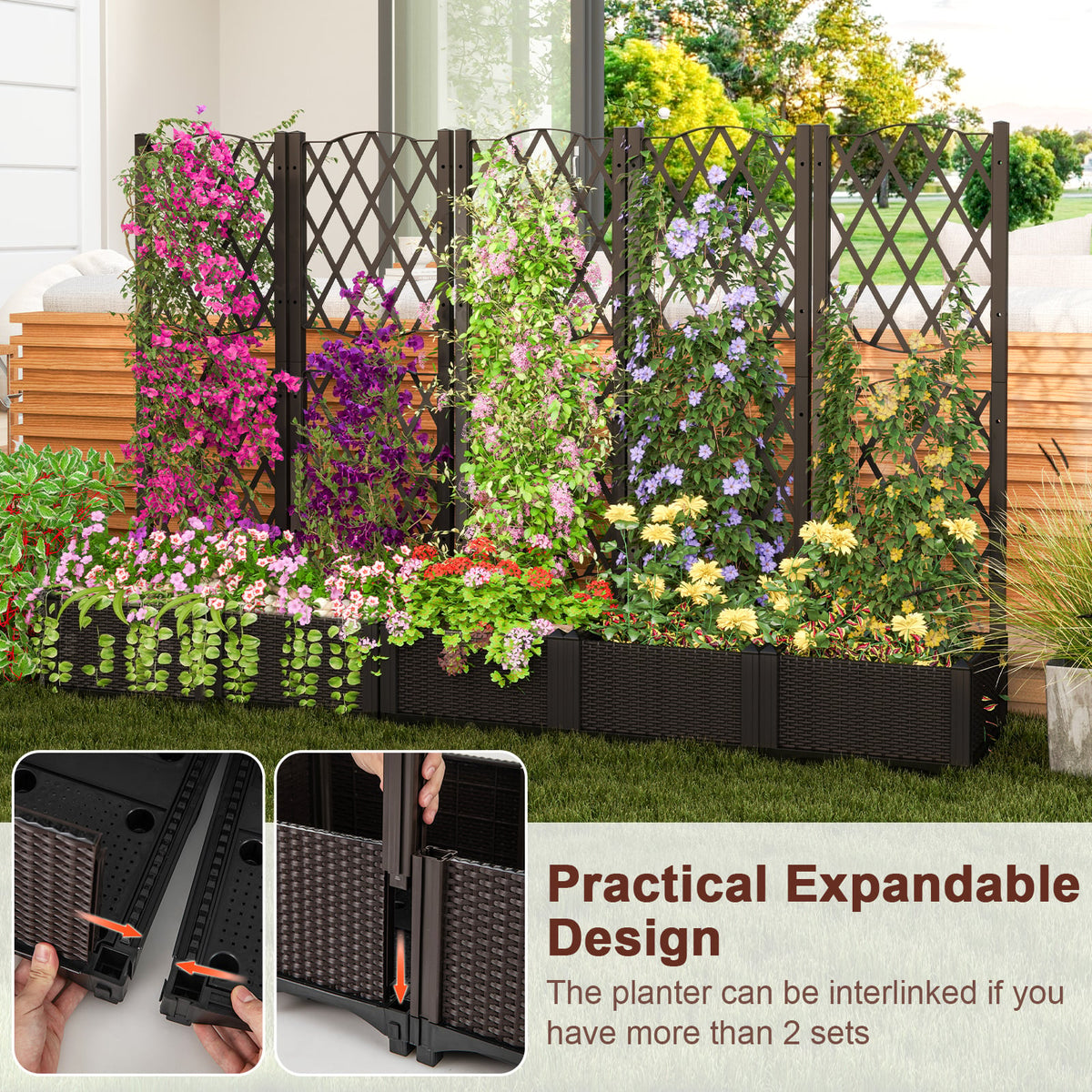 Raised Garden Bed with Trellis Planter Box for Climbing Plants-Coffee-Raised Garden Beds-DECOROLALA