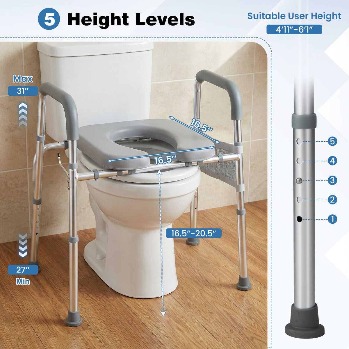 Raised Toilet Seat with Handles and Padded Arms for Seniors-Silver-Bath Safety Products-DECOROLALA