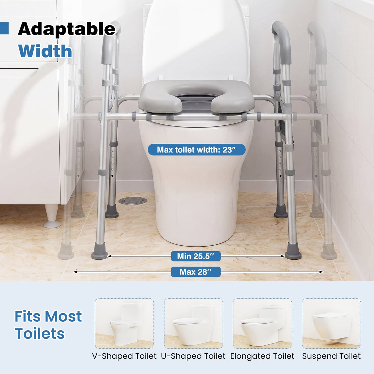 Raised Toilet Seat with Handles and Padded Arms for Seniors-Silver-Bath Safety Products-DECOROLALA