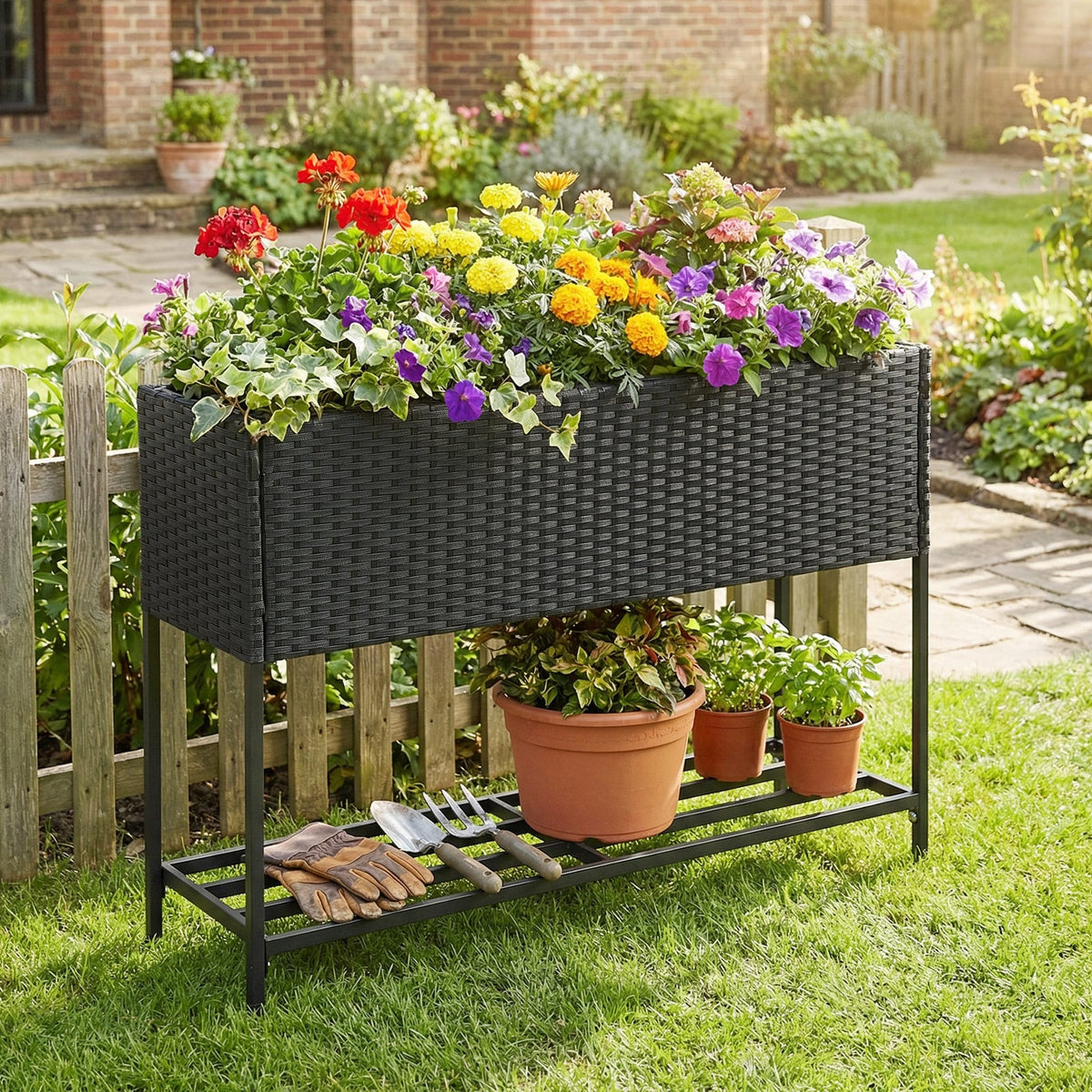 Raised Wicker Garden Bed with Storage Shelf and Removable Liner-Black-Raised Garden Beds-DECOROLALA
