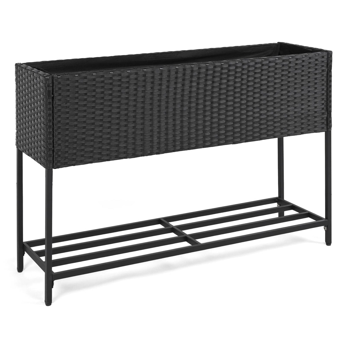 Raised Wicker Garden Bed with Storage Shelf and Removable Liner-Black-Raised Garden Beds-DECOROLALA