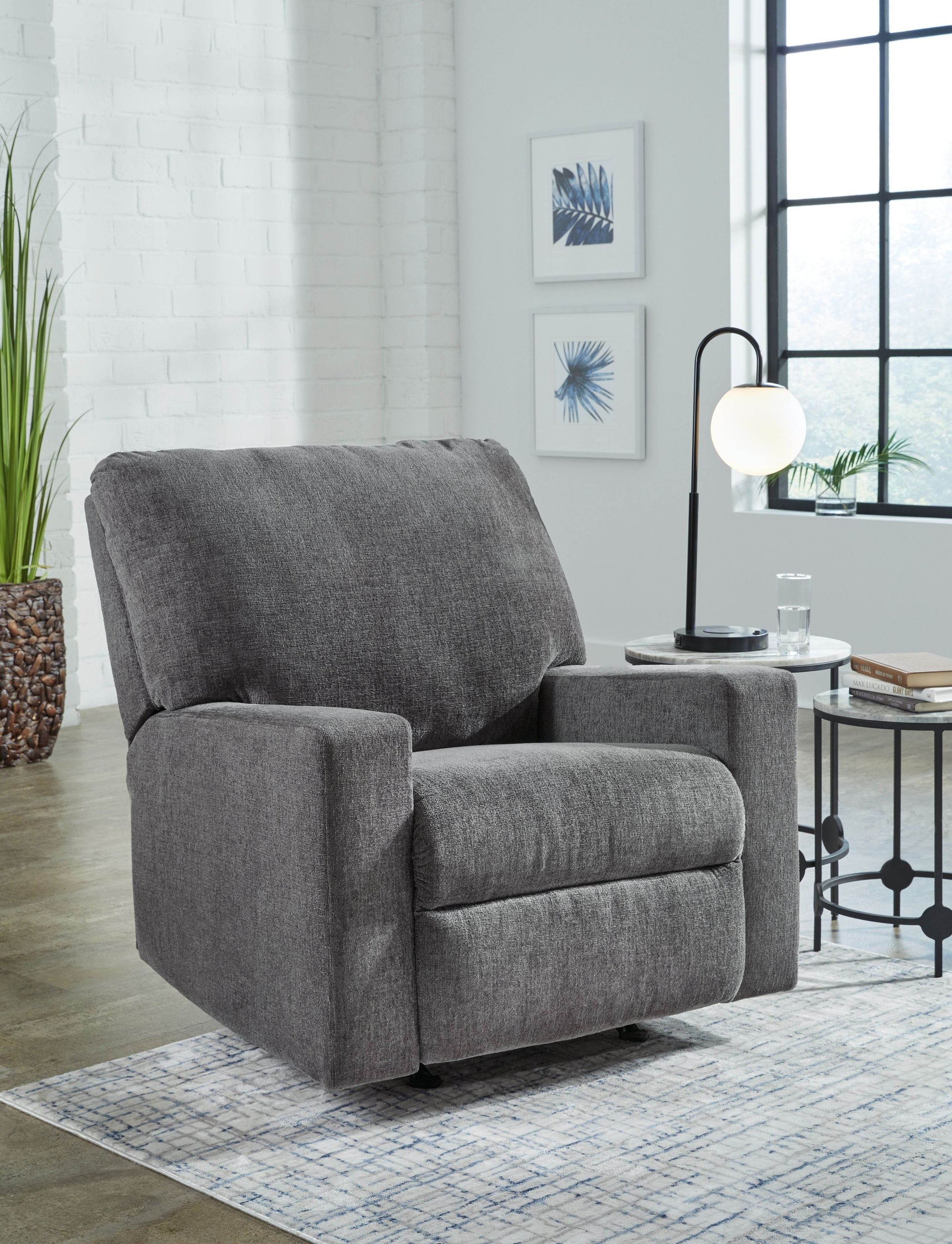 Rannis Rocker Recliner - Pewter Fabric-Rocker Chairs-DECOROLALA
