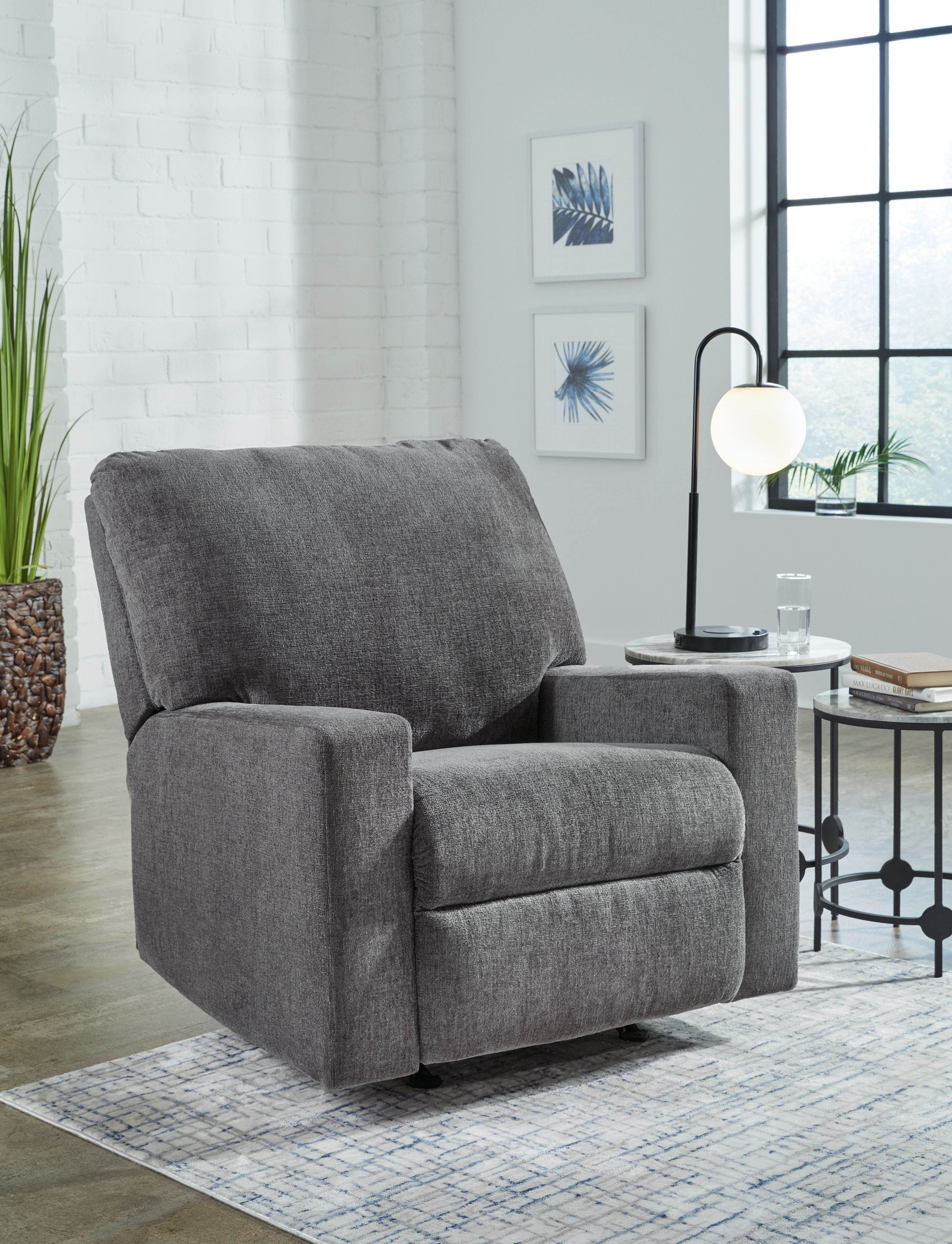 Rannis Rocker Recliner - Pewter Fabric-Rocker Chairs-DECOROLALA
