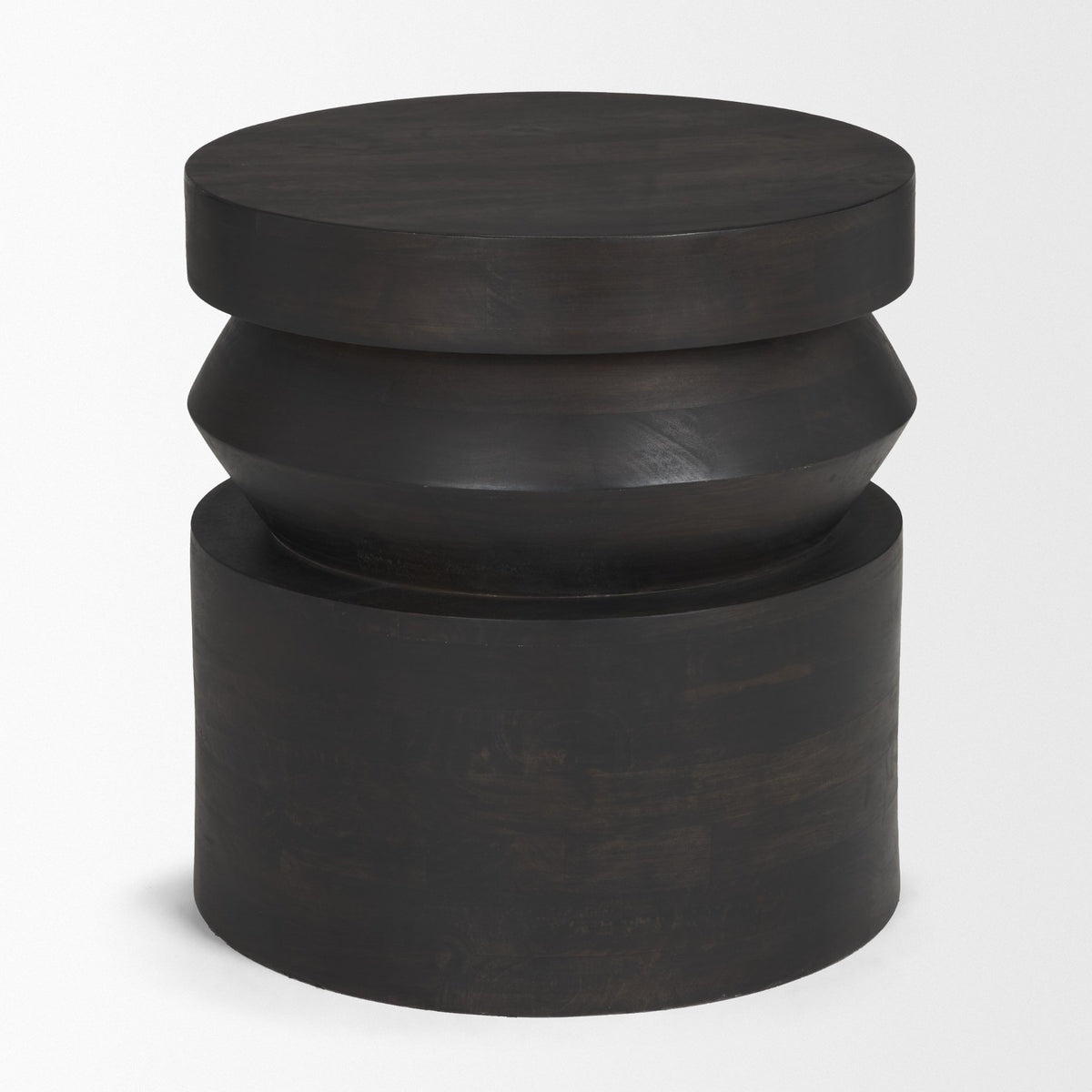Rashama Dark Brown Wood Stacked Geometric Round Accent Table-Accent Tables-DECOROLALA