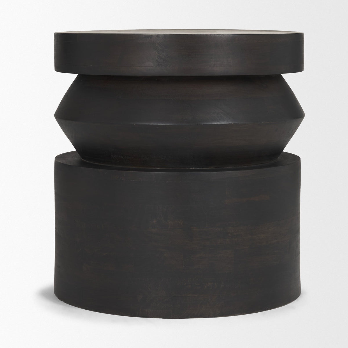 Rashama Dark Brown Wood Stacked Geometric Round Accent Table-Accent Tables-DECOROLALA
