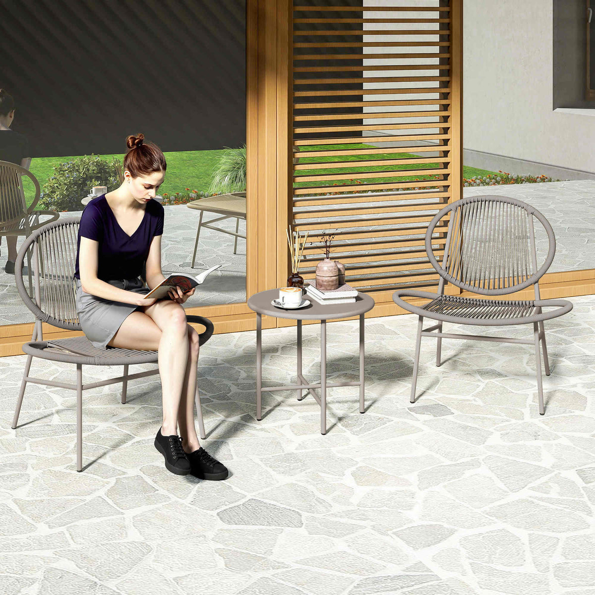 Rattan Bistro Set, 3-Piece Patio Furniture, Light Grey, Acapulco Chairs & Steel Table-Patio Bistro Sets-DECOROLALA