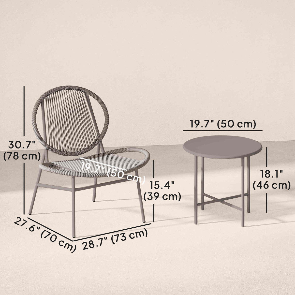Rattan Bistro Set, 3-Piece Patio Furniture, Light Grey, Acapulco Chairs & Steel Table-Patio Bistro Sets-DECOROLALA