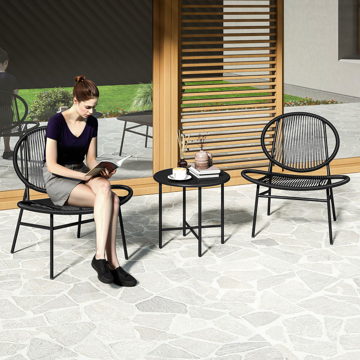 Rattan Bistro Set 3-Piece Wicker Patio Black-Patio Bistro Sets-DECOROLALA