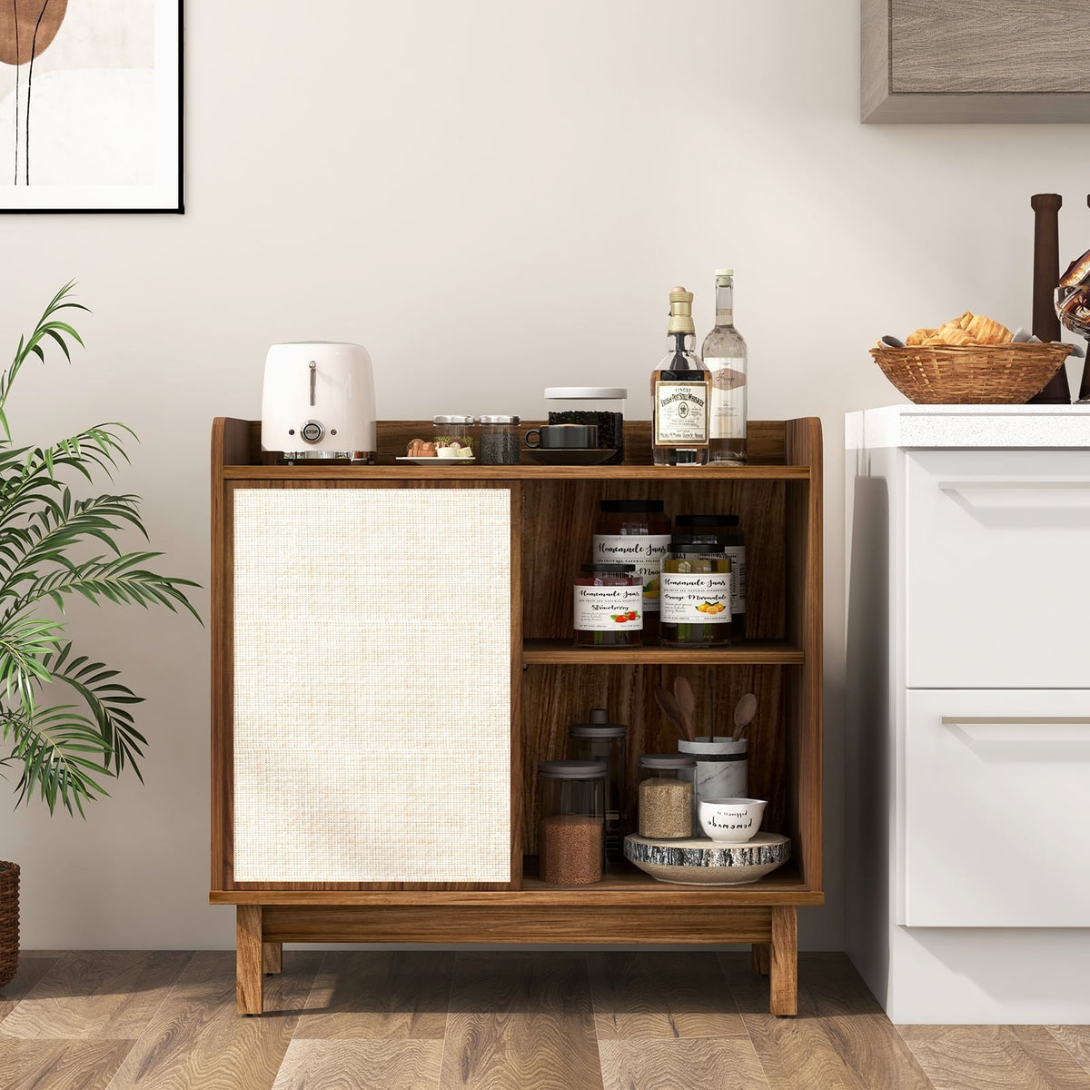 Rattan Buffet Sideboard Mid Century Floor Storage Cabinet with Sliding Door and Adjustable Shelves-Walnut-Sideboards & Buffets-DECOROLALA