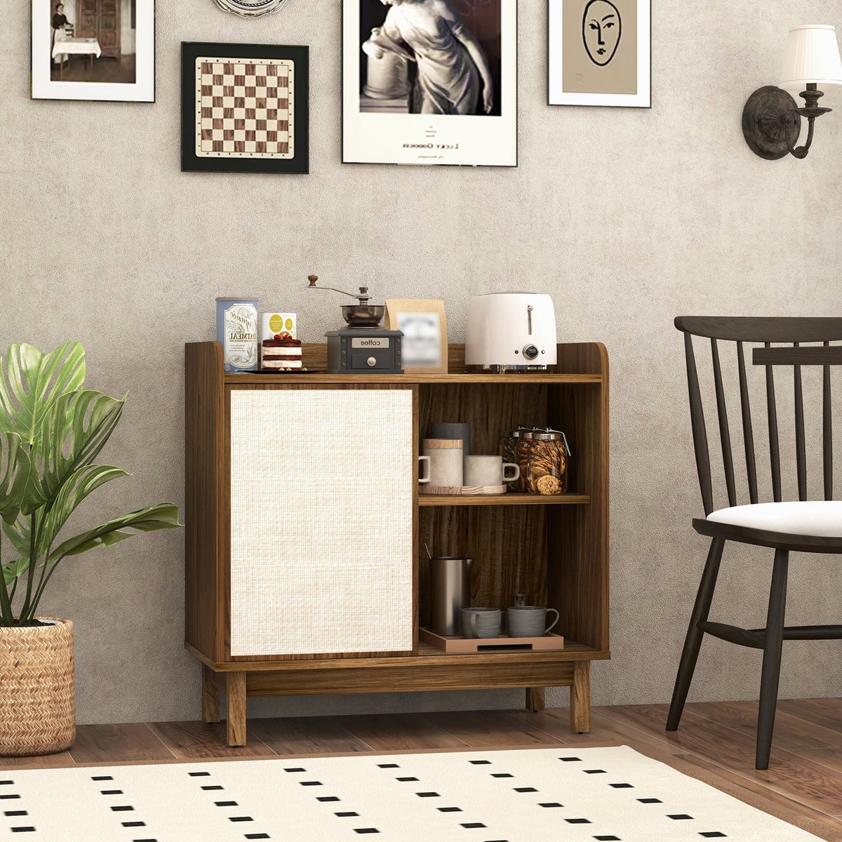 Rattan Buffet Sideboard Mid Century Floor Storage Cabinet with Sliding Door and Adjustable Shelves-Walnut-Sideboards & Buffets-DECOROLALA