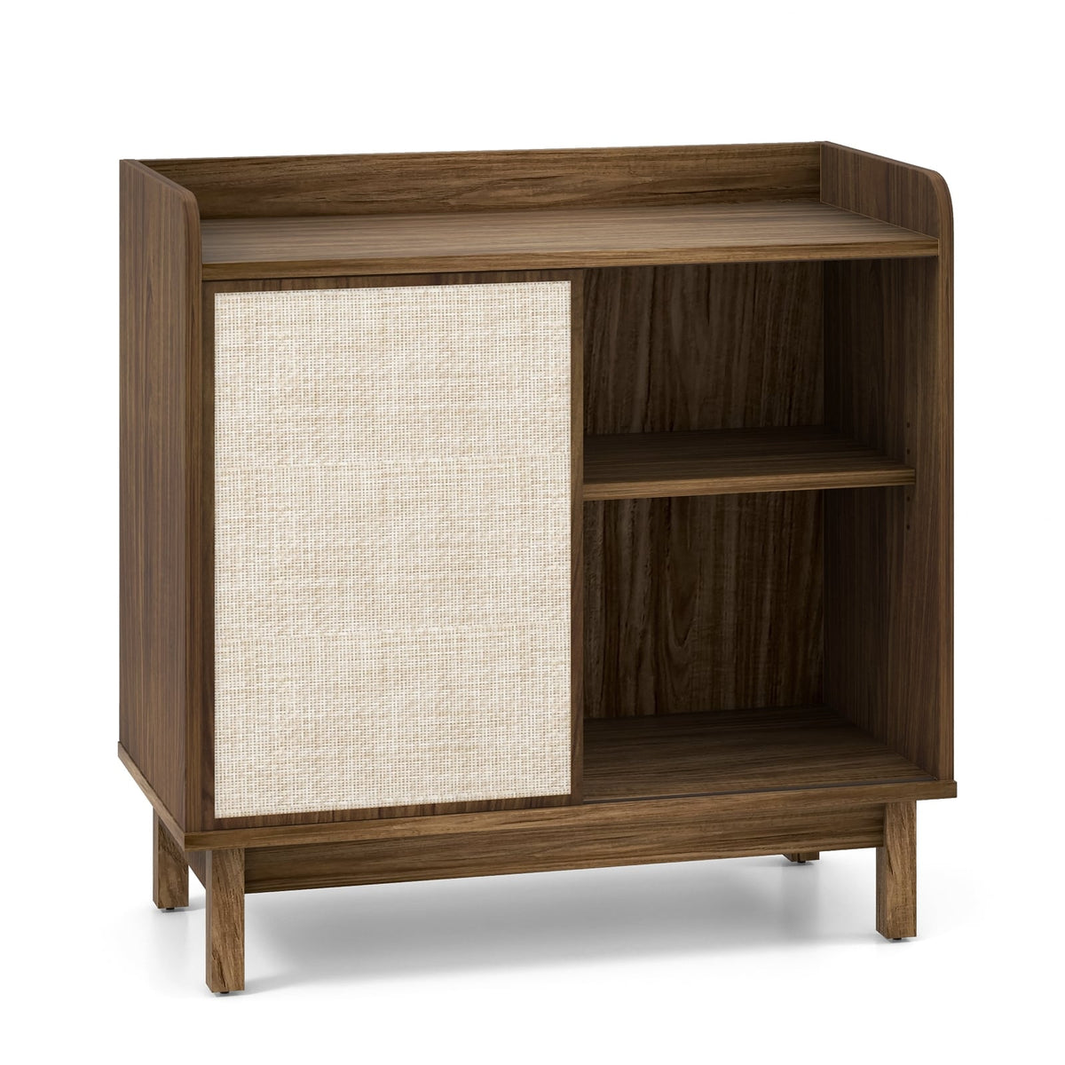 Rattan Buffet Sideboard Mid Century Floor Storage Cabinet with Sliding Door and Adjustable Shelves-Walnut-Sideboards & Buffets-DECOROLALA