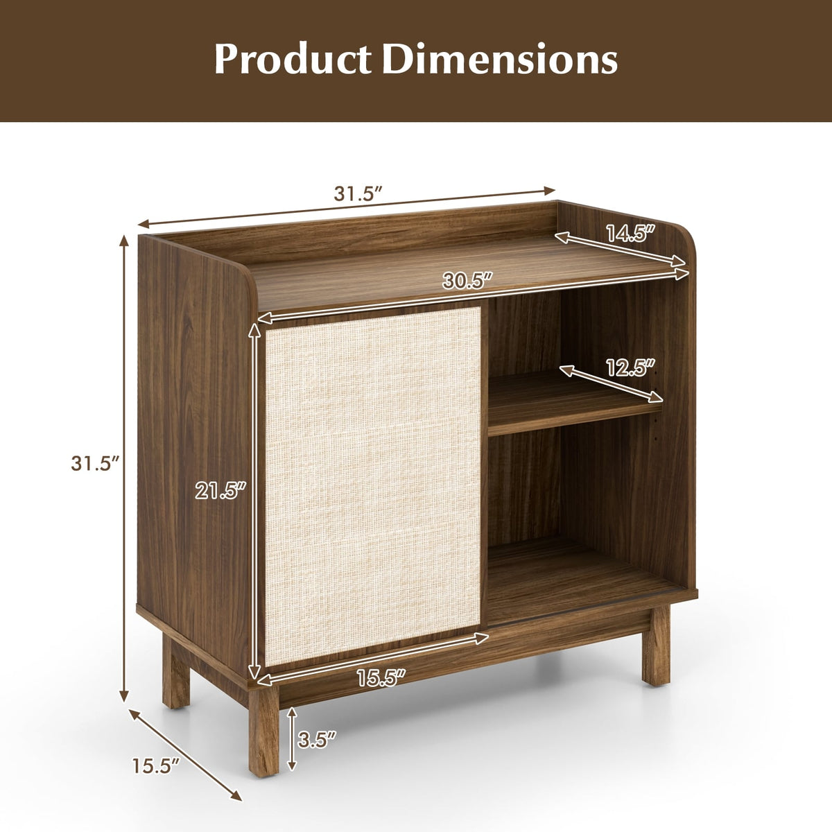 Rattan Buffet Sideboard Mid Century Floor Storage Cabinet with Sliding Door and Adjustable Shelves-Walnut-Sideboards & Buffets-DECOROLALA