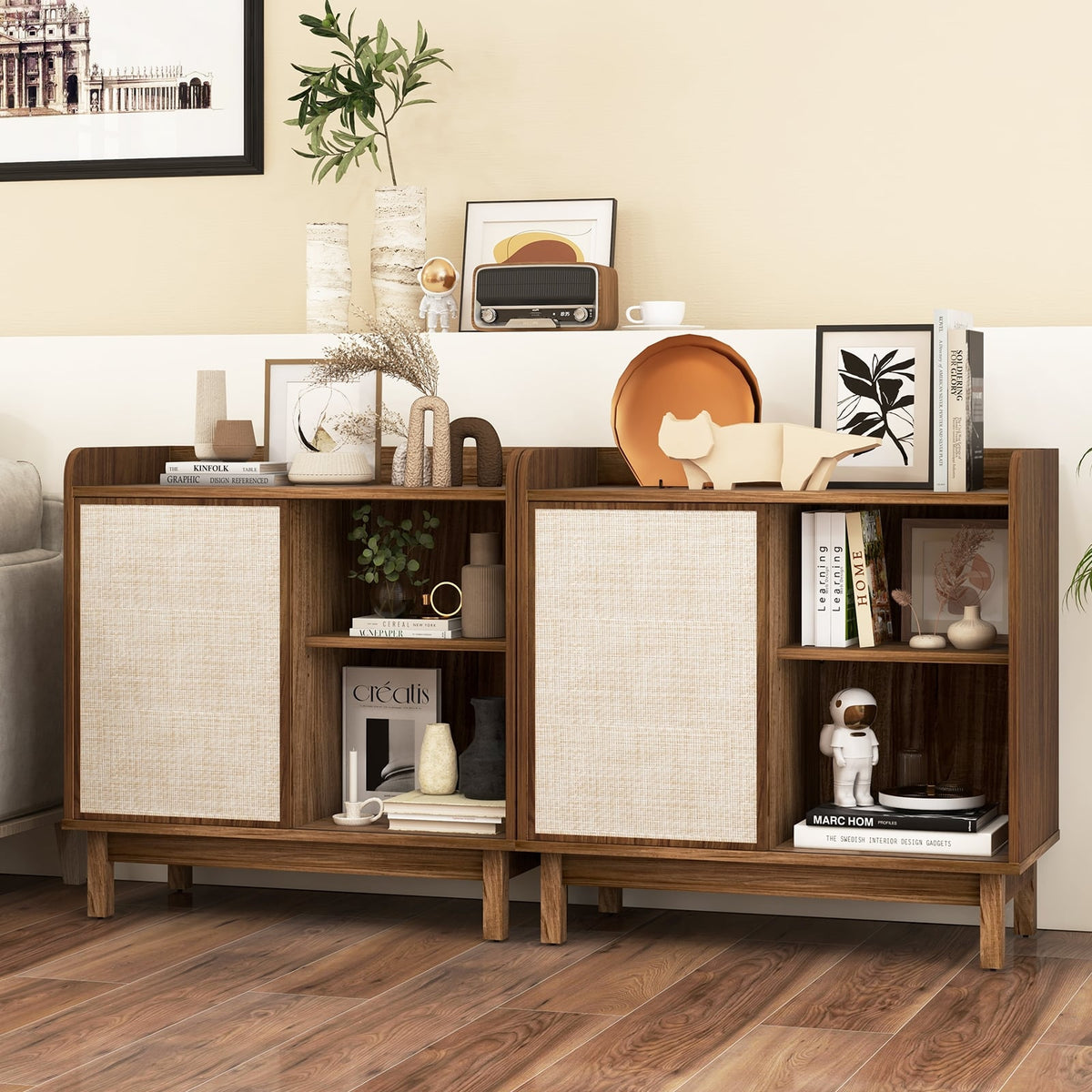 Rattan Buffet Sideboard Mid Century Floor Storage Cabinet with Sliding Door and Adjustable Shelves-Walnut-Sideboards & Buffets-DECOROLALA