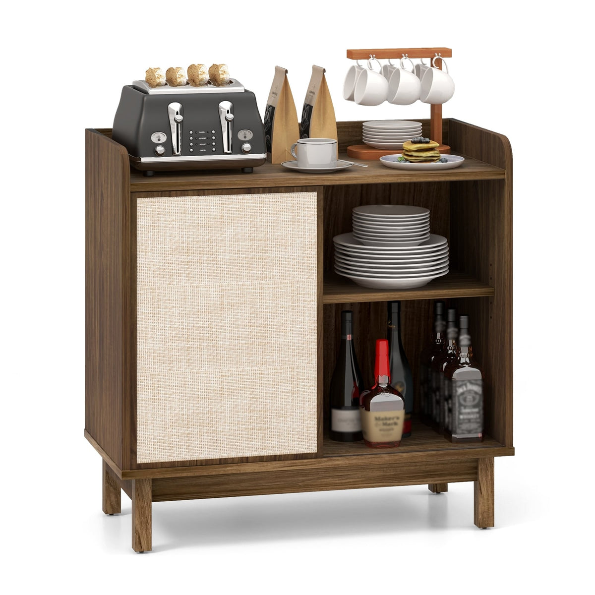 Rattan Buffet Sideboard Mid Century Floor Storage Cabinet with Sliding Door and Adjustable Shelves-Walnut-Sideboards & Buffets-DECOROLALA
