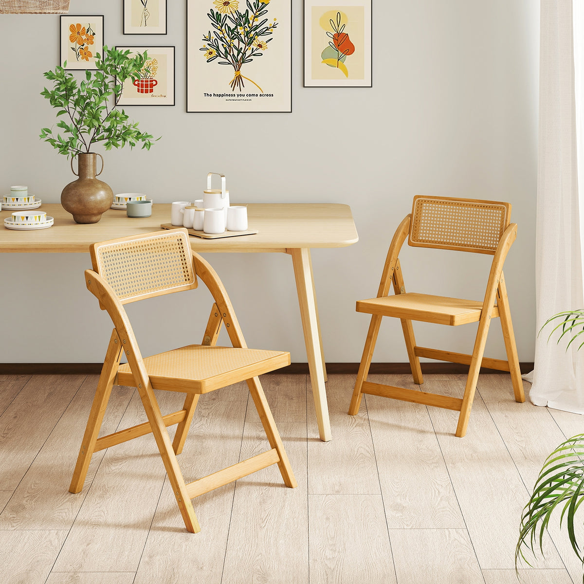 Rattan Cane Folding Dining Chairs Set of 2 with Rotatable Backrests-Natural-Dining Chairs-DECOROLALA