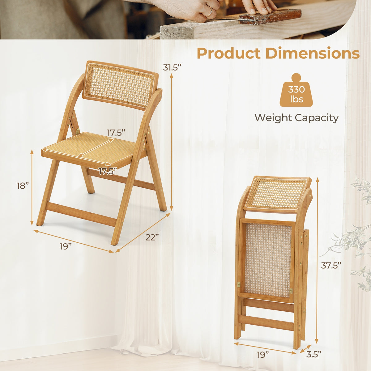 Rattan Cane Folding Dining Chairs Set of 2 with Rotatable Backrests-Natural-Dining Chairs-DECOROLALA