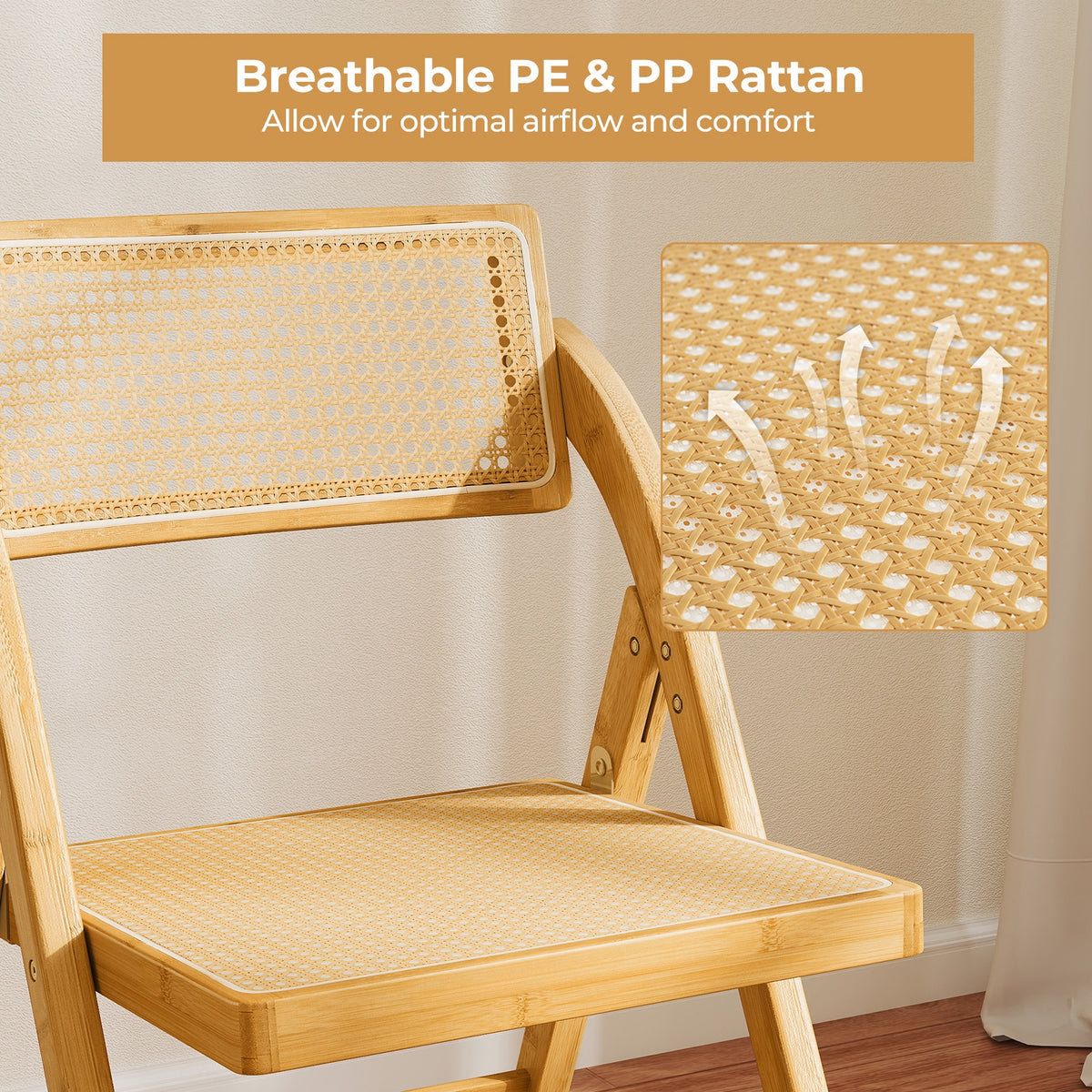Rattan Cane Folding Dining Chairs Set of 2 with Rotatable Backrests-Natural-Dining Chairs-DECOROLALA