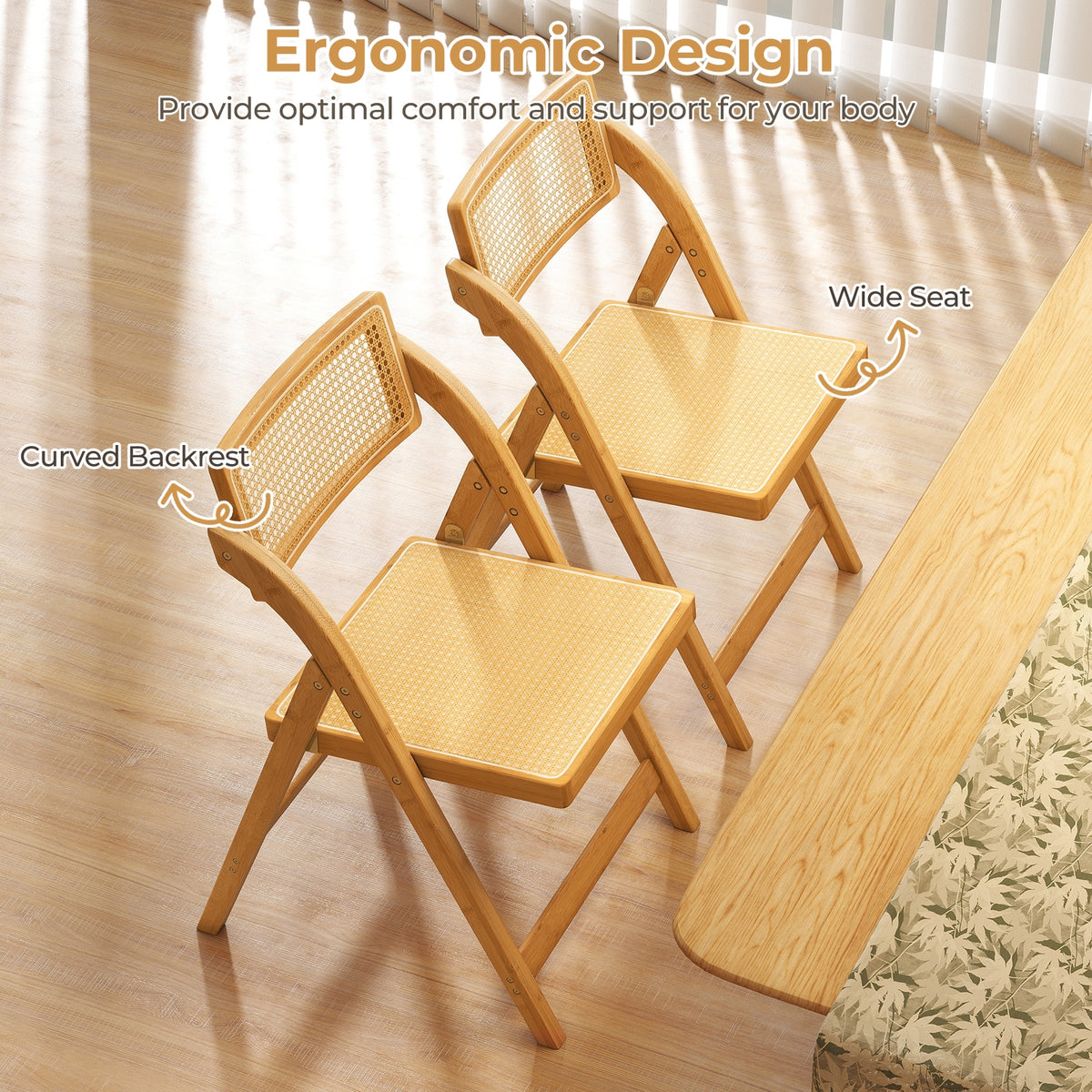 Rattan Cane Folding Dining Chairs Set of 2 with Rotatable Backrests-Natural-Dining Chairs-DECOROLALA