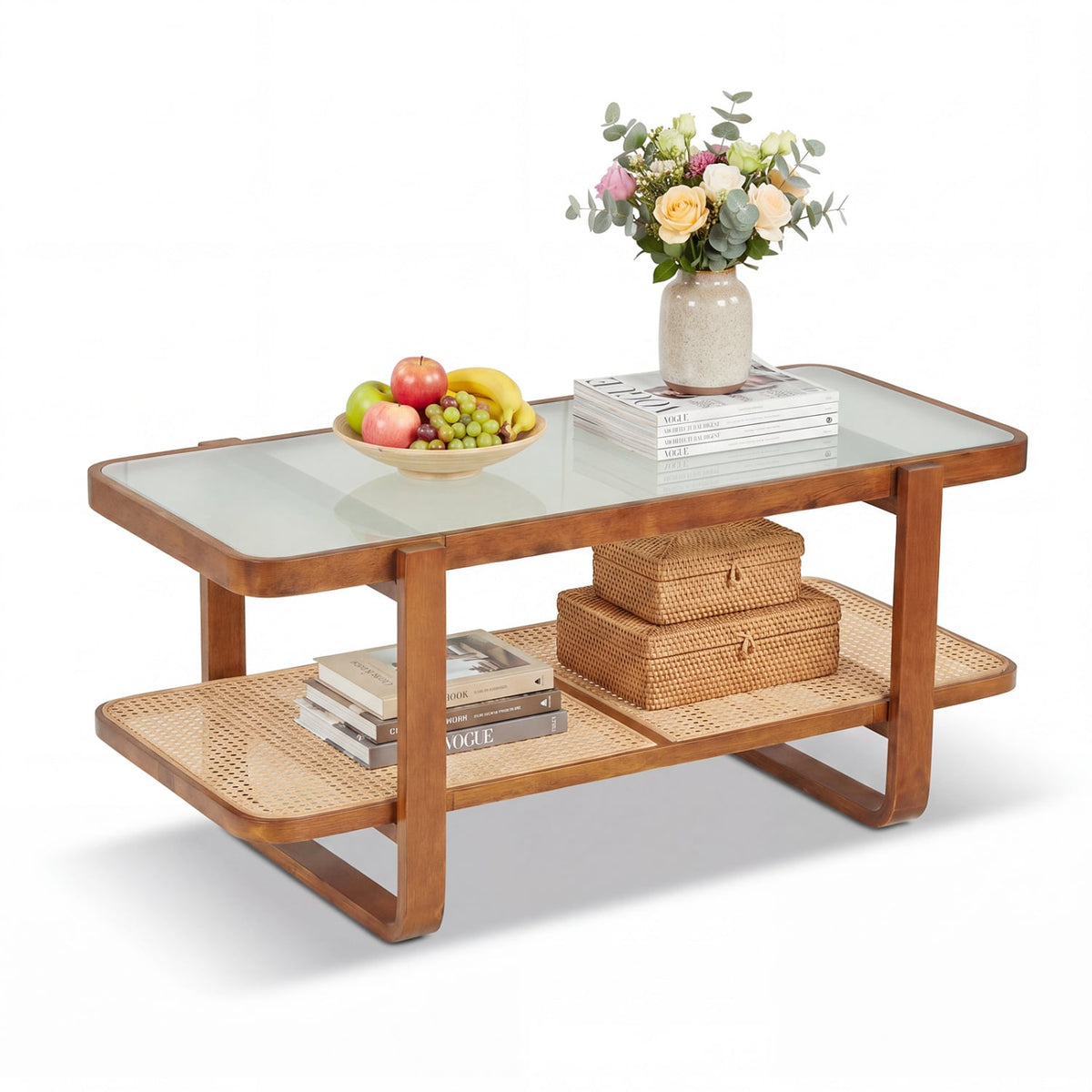 Rattan Coffee Table with Tempered Glass Top and Storage Shelf-Walnut-Coffee Tables-DECOROLALA
