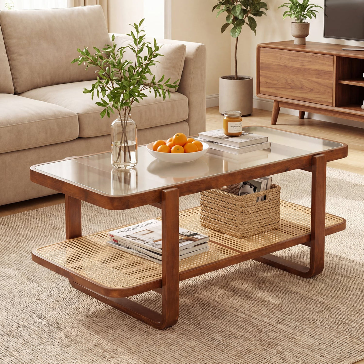 Rattan Coffee Table with Tempered Glass Top and Storage Shelf-Walnut-Coffee Tables-DECOROLALA