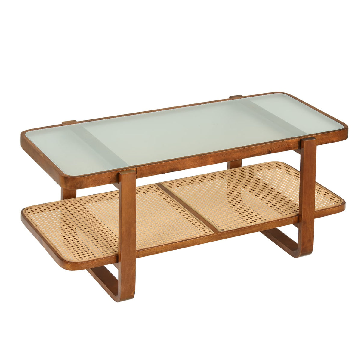 Rattan Coffee Table with Tempered Glass Top and Storage Shelf-Walnut-Coffee Tables-DECOROLALA