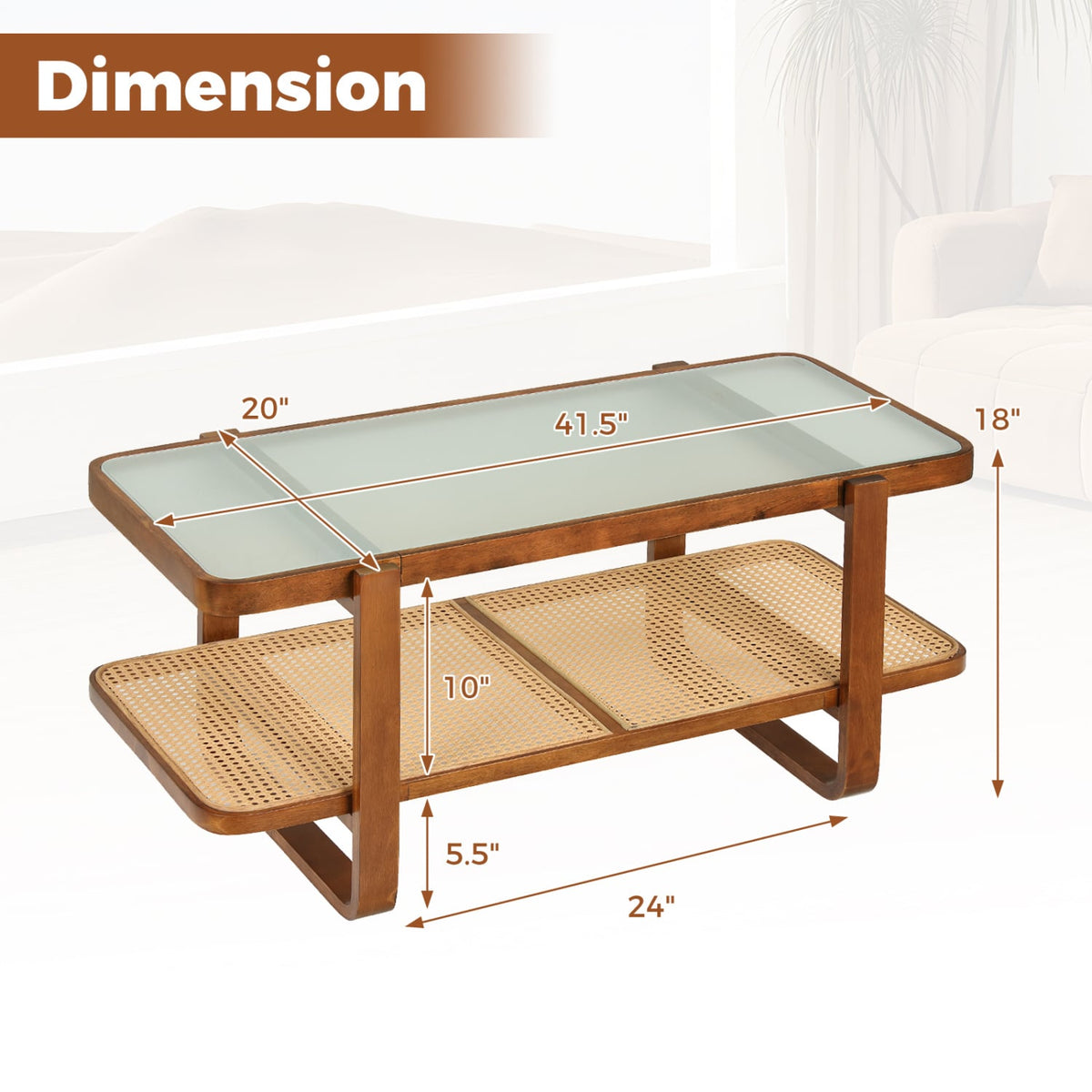 Rattan Coffee Table with Tempered Glass Top and Storage Shelf-Walnut-Coffee Tables-DECOROLALA