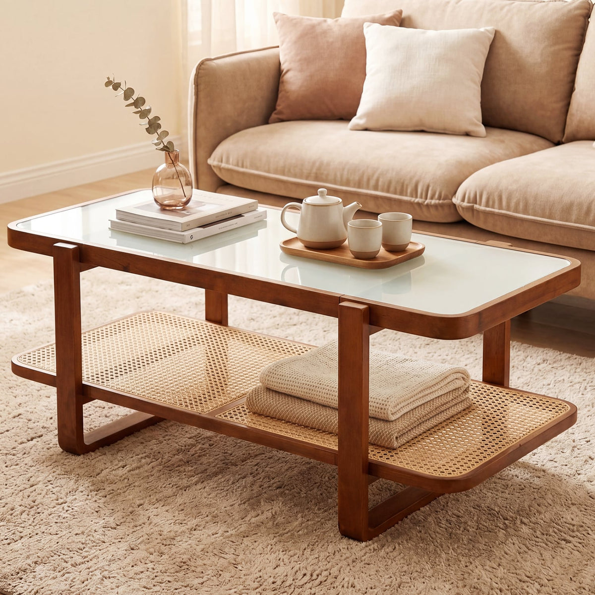 Rattan Coffee Table with Tempered Glass Top and Storage Shelf-Walnut-Coffee Tables-DECOROLALA