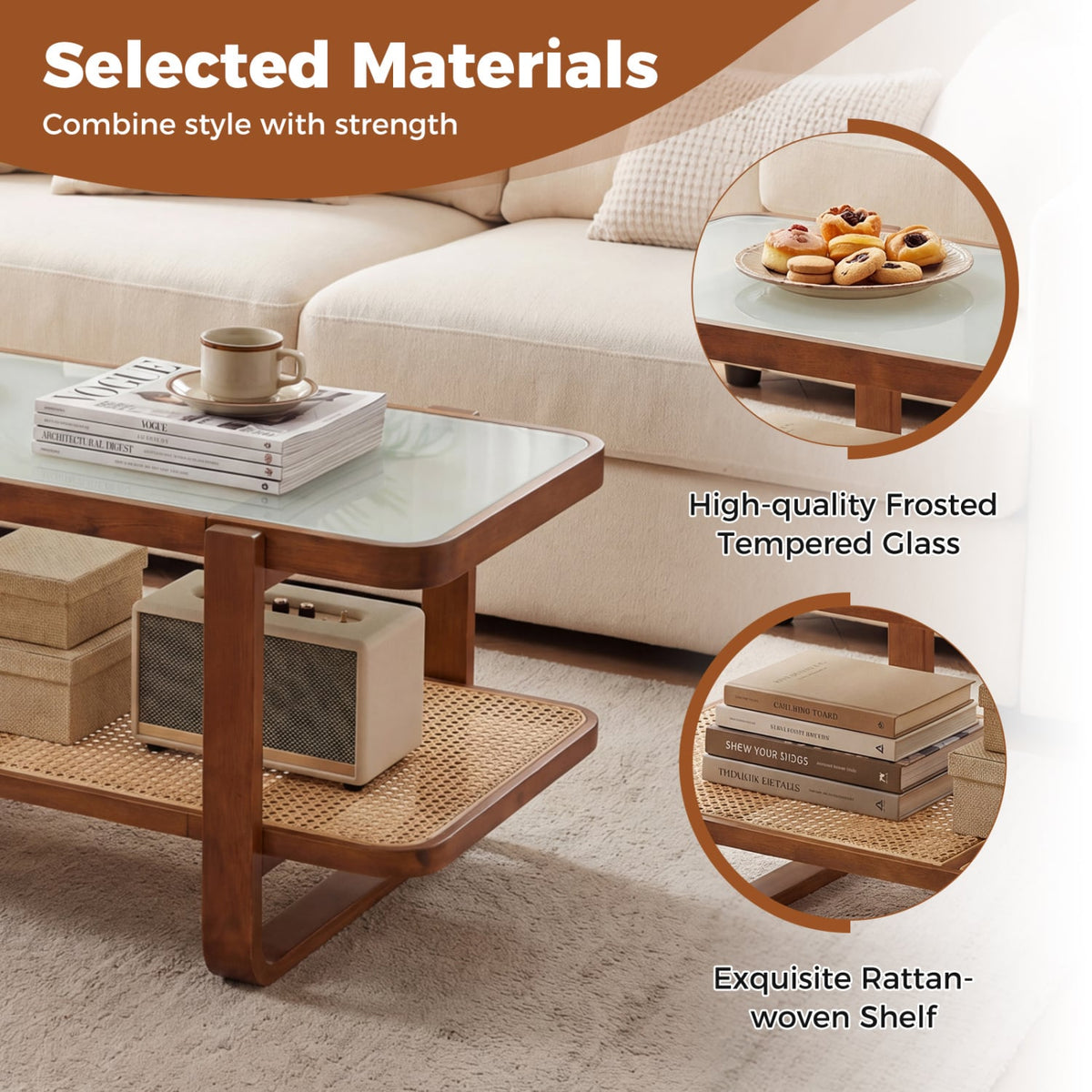 Rattan Coffee Table with Tempered Glass Top and Storage Shelf-Walnut-Coffee Tables-DECOROLALA