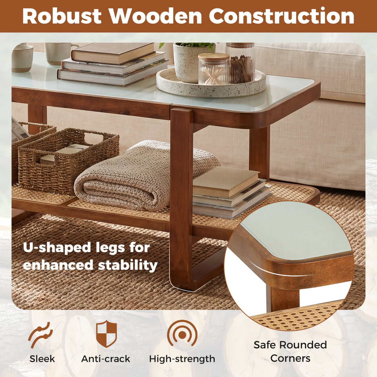 Rattan Coffee Table with Tempered Glass Top and Storage Shelf-Walnut-Coffee Tables-DECOROLALA