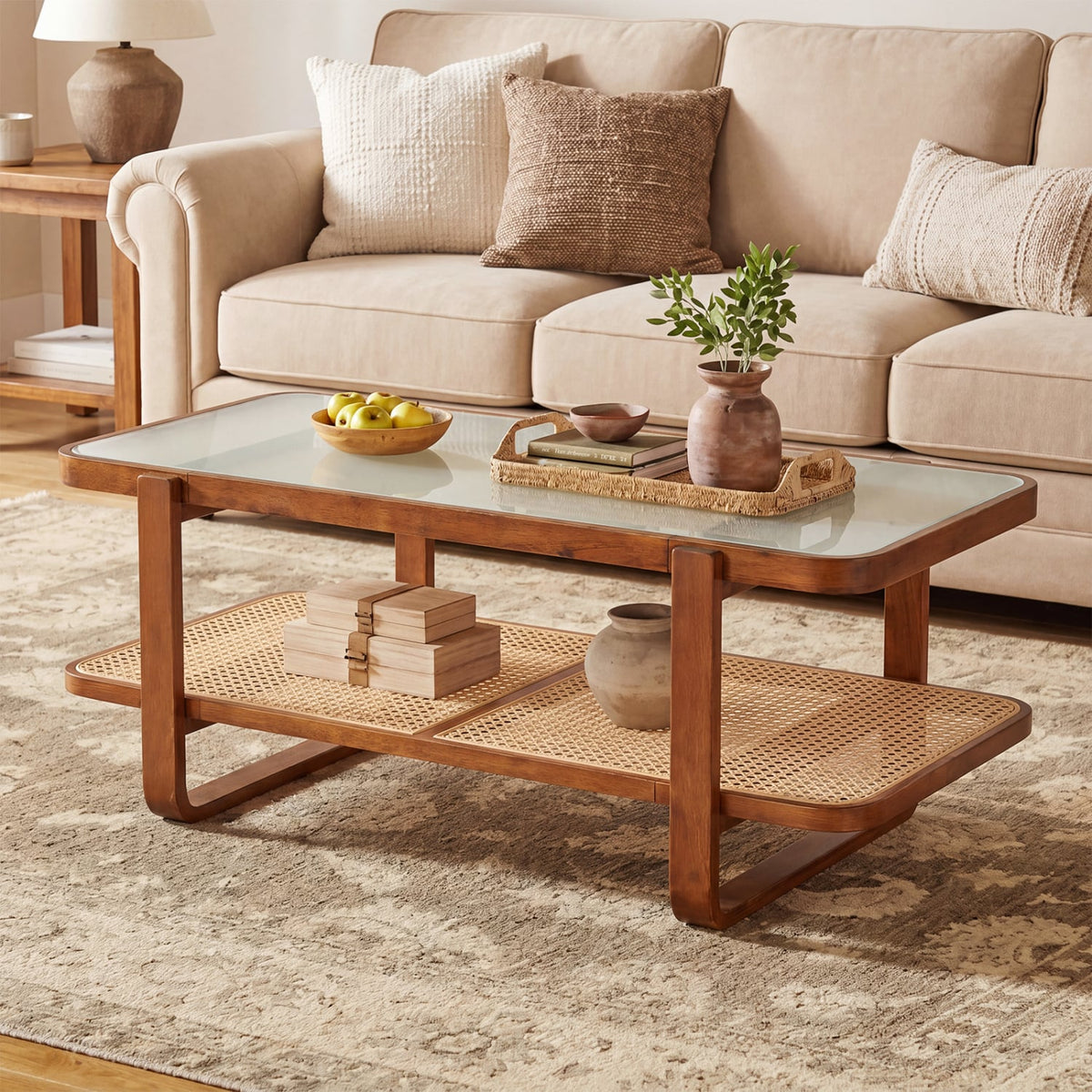 Rattan Coffee Table with Tempered Glass Top and Storage Shelf-Walnut-Coffee Tables-DECOROLALA