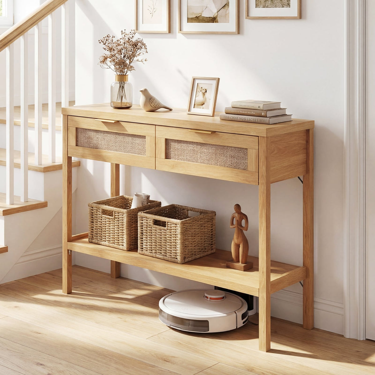 Rattan Console Table with 2 Drawers and Bottom Shelf-Natural-Console Tables-DECOROLALA