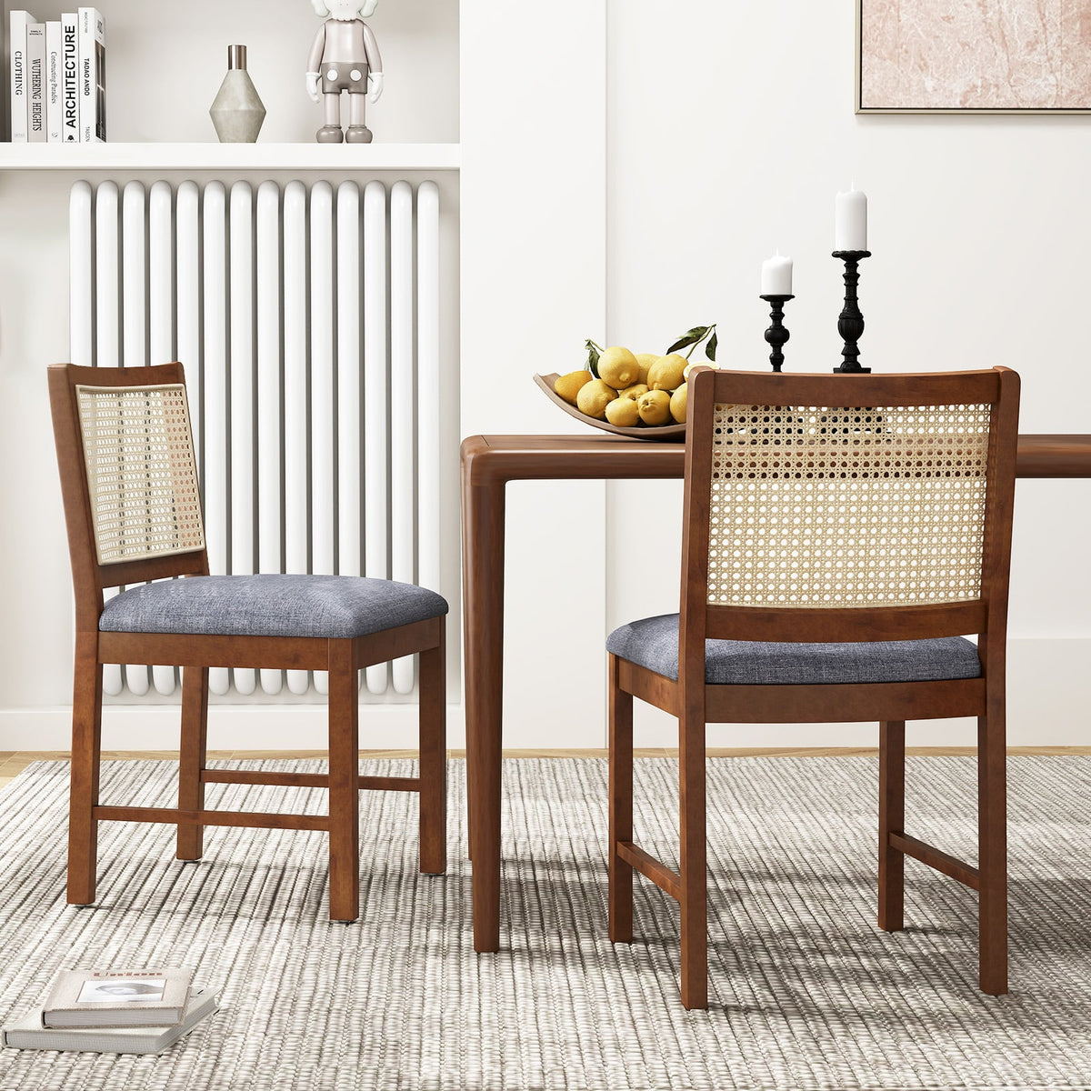 Rattan Dining Chair Set of 2 with Rubber Wood Frame and Linen Fabric Padded Seat-Walnut-Dining Chairs-DECOROLALA