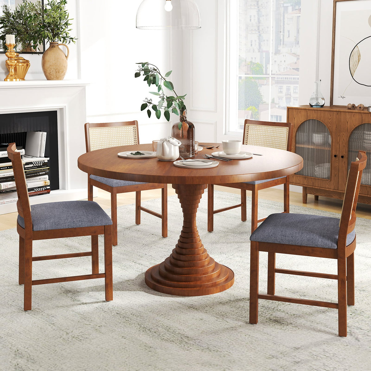 Rattan Dining Chair Set of 2 with Rubber Wood Frame and Linen Fabric Padded Seat-Walnut-Dining Chairs-DECOROLALA