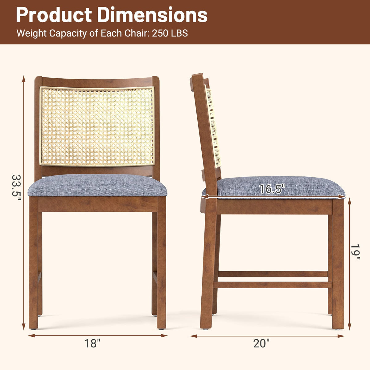 Rattan Dining Chair Set of 2 with Rubber Wood Frame and Linen Fabric Padded Seat-Walnut-Dining Chairs-DECOROLALA