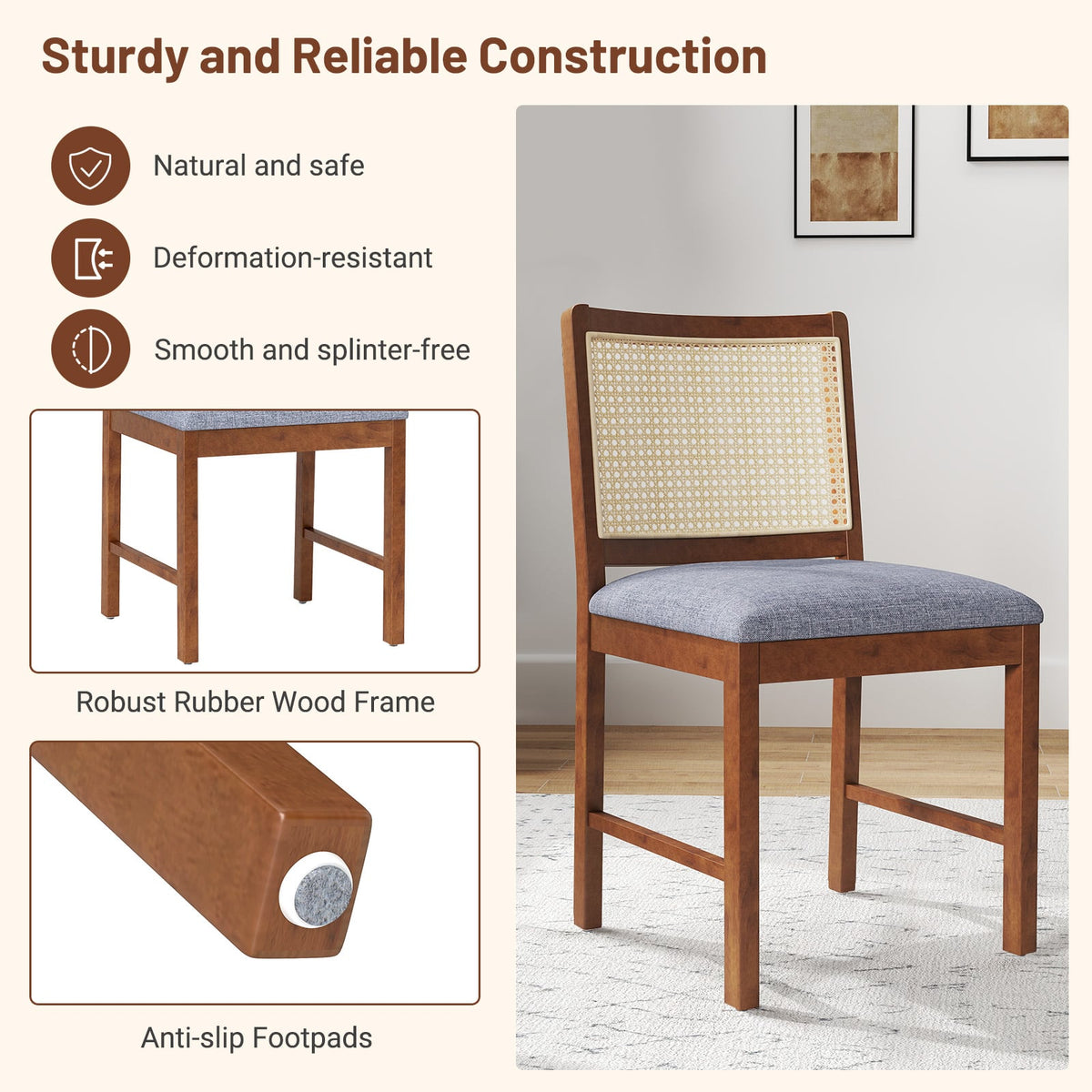 Rattan Dining Chair Set of 2 with Rubber Wood Frame and Linen Fabric Padded Seat-Walnut-Dining Chairs-DECOROLALA
