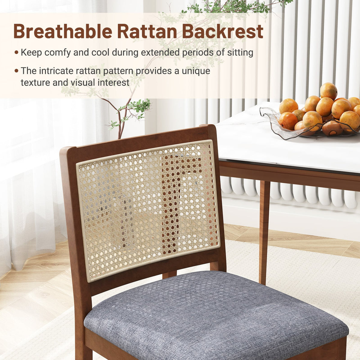 Rattan Dining Chair Set of 2 with Rubber Wood Frame and Linen Fabric Padded Seat-Walnut-Dining Chairs-DECOROLALA